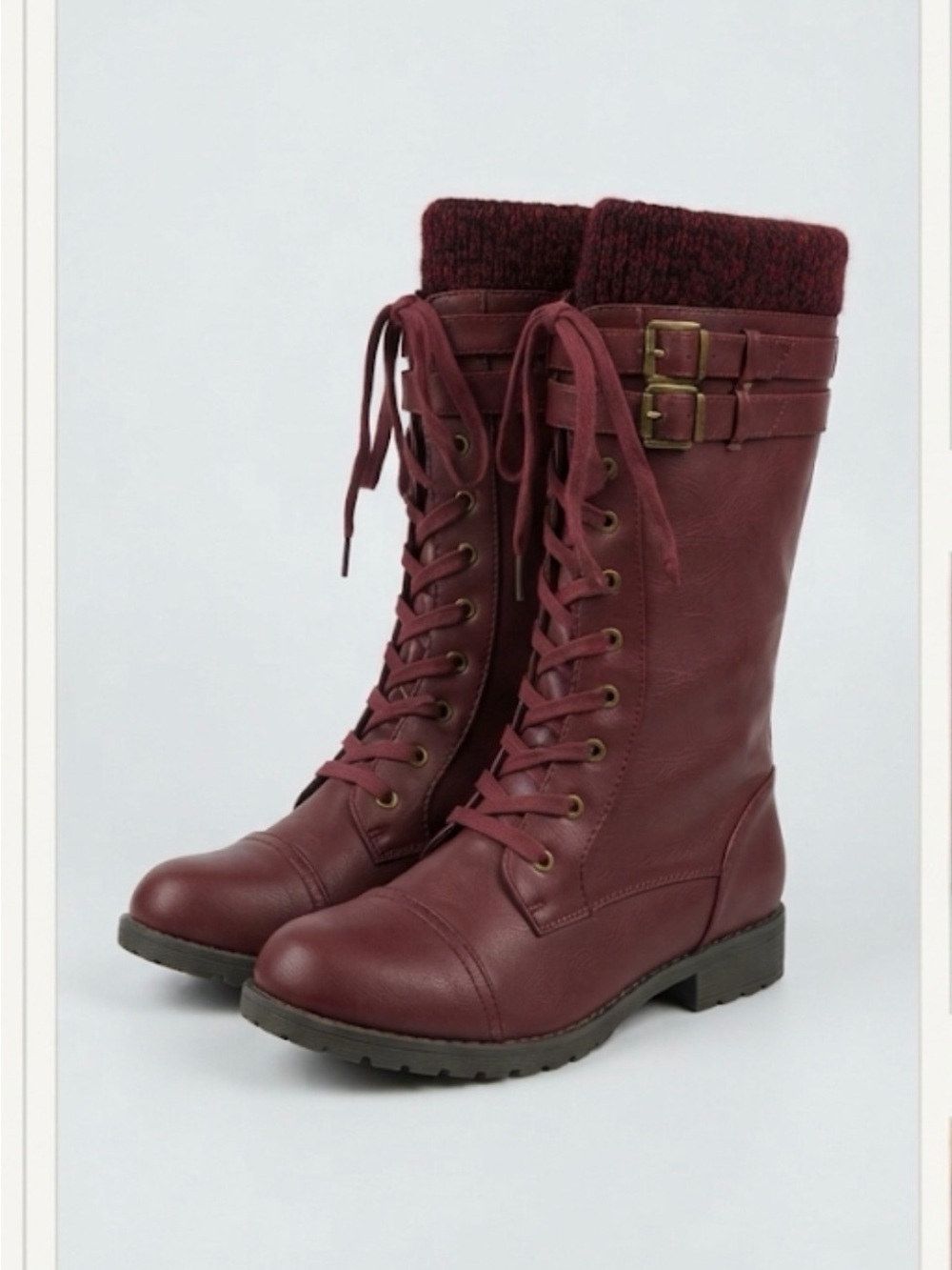 esby Burgundy Lace-Up Mid-Calf Boots with Knit Cuff